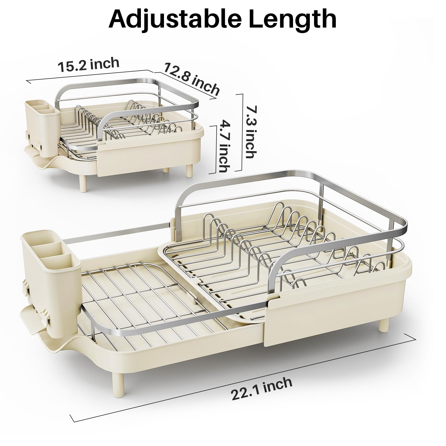 Condition photo showing New/Like New for sntd dish drying rack, expandable dish rack for kitchen counter, stainless steel dish drainer with drainboard set and utensil holder (beige)