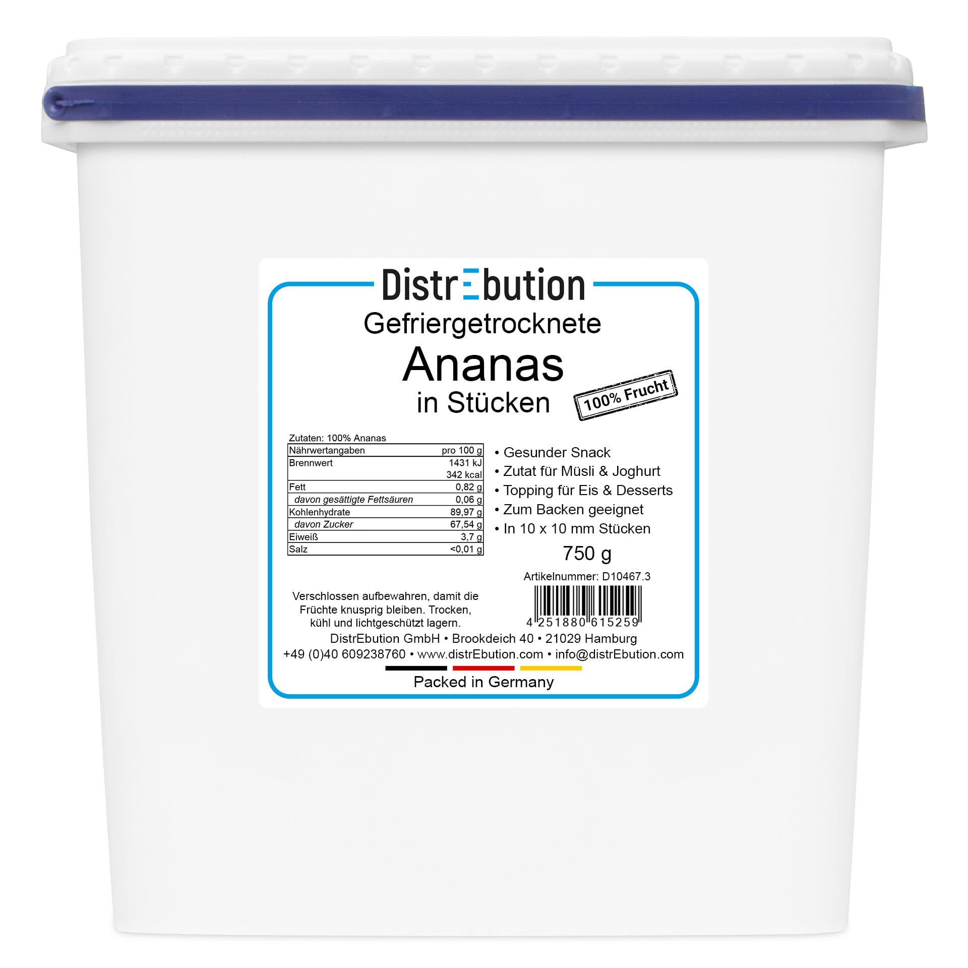 Gefriergetrocknete Ananas Stücke 750g Knuspriger Snack, Ohne Zucker, Vegan