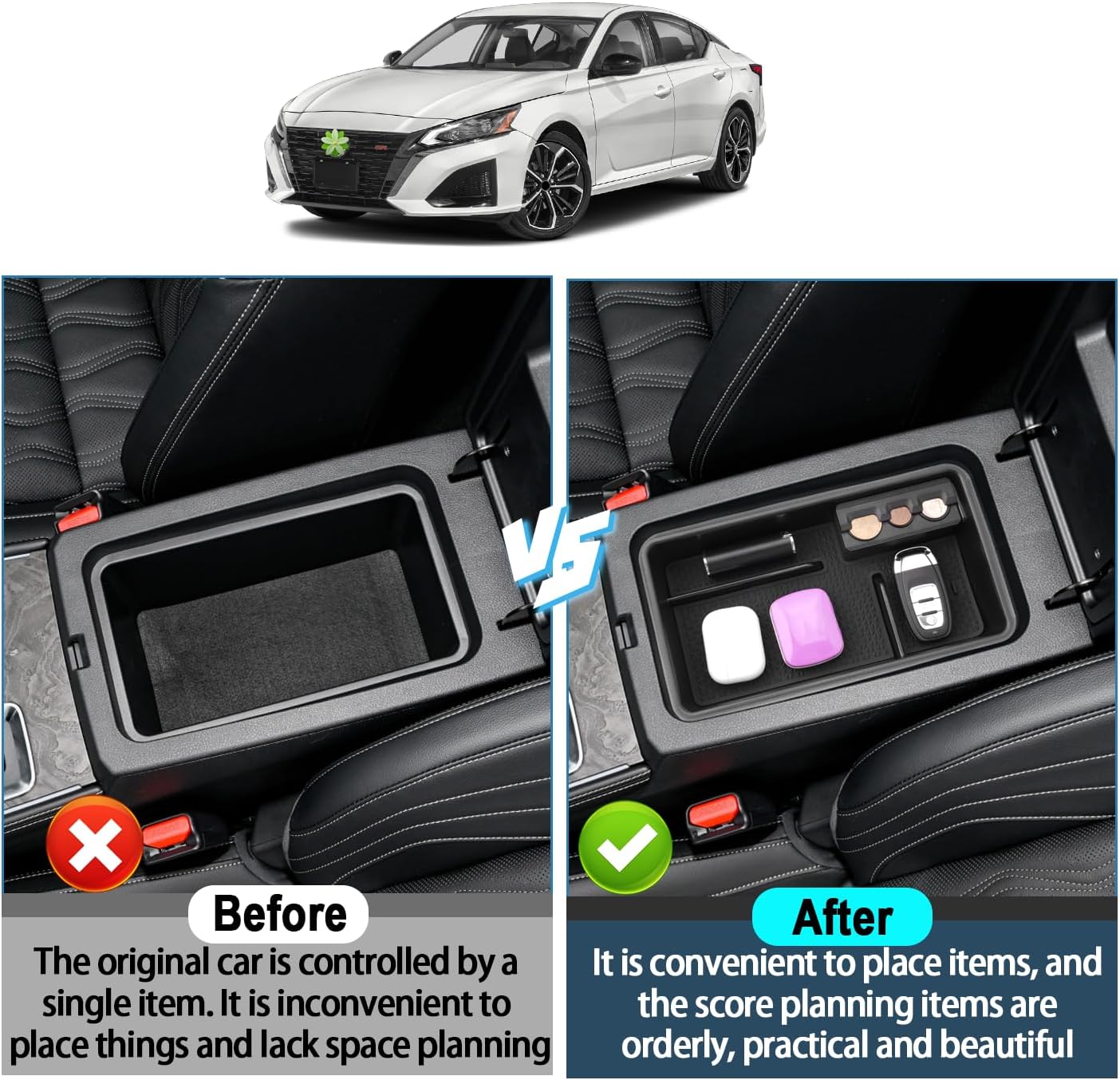 Ruiya 2019-2025 2026 Altima Center Console Organizer for 2026 Nissan Altima Accessories ABS Material Armrest Console Organizer Compatible with 2019-2022 2023 2024 2025 2026 Nissan Altima