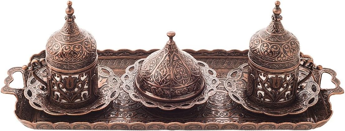 New Premium Turkish Greek Arabic Coffee Espresso Serving Set for 2,Cups Saucers Lids Tray Delight Sugar Dish 11pc (Copper)