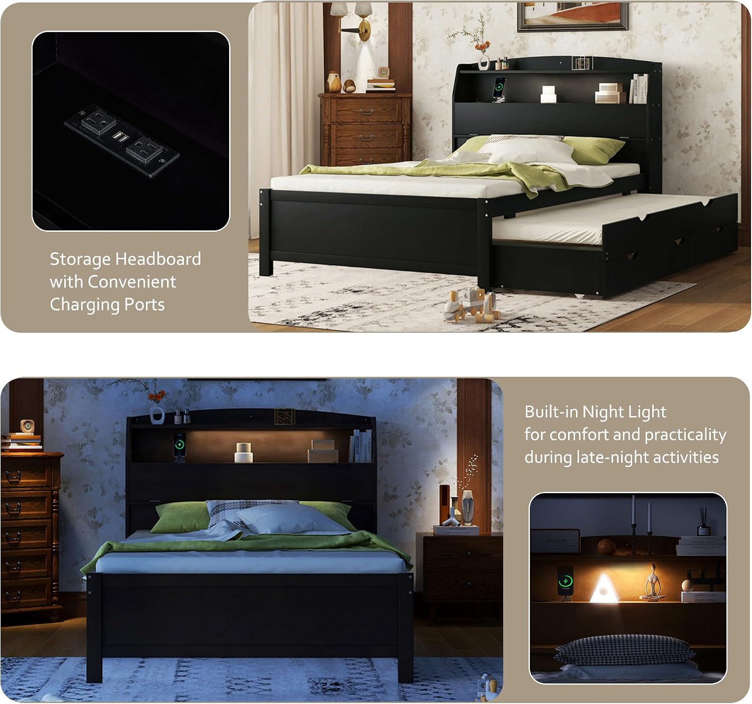 Bellemave Full Size Wooden Platform Bed with Trundle & LED Storage Headboard - 3 Drawers, Wood Full Captain Bed with USB Outlets and Hidden Flip-Up Compartment for Kids Teens Boys Girls (Espresso)