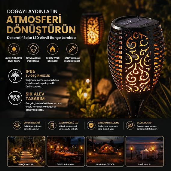 Kenly Solar Alev LED Bahçe Aydınlatma Lambası 4 Adet, Güneş Enerjili Dış Mekan Peyzaj Işığı, IP65 Su Geçirmez, Gerçekçi Meşale Efekti, Bahçe Yolu Teras Balkon Dekorasyonu [Enerji Sınıfı A]
