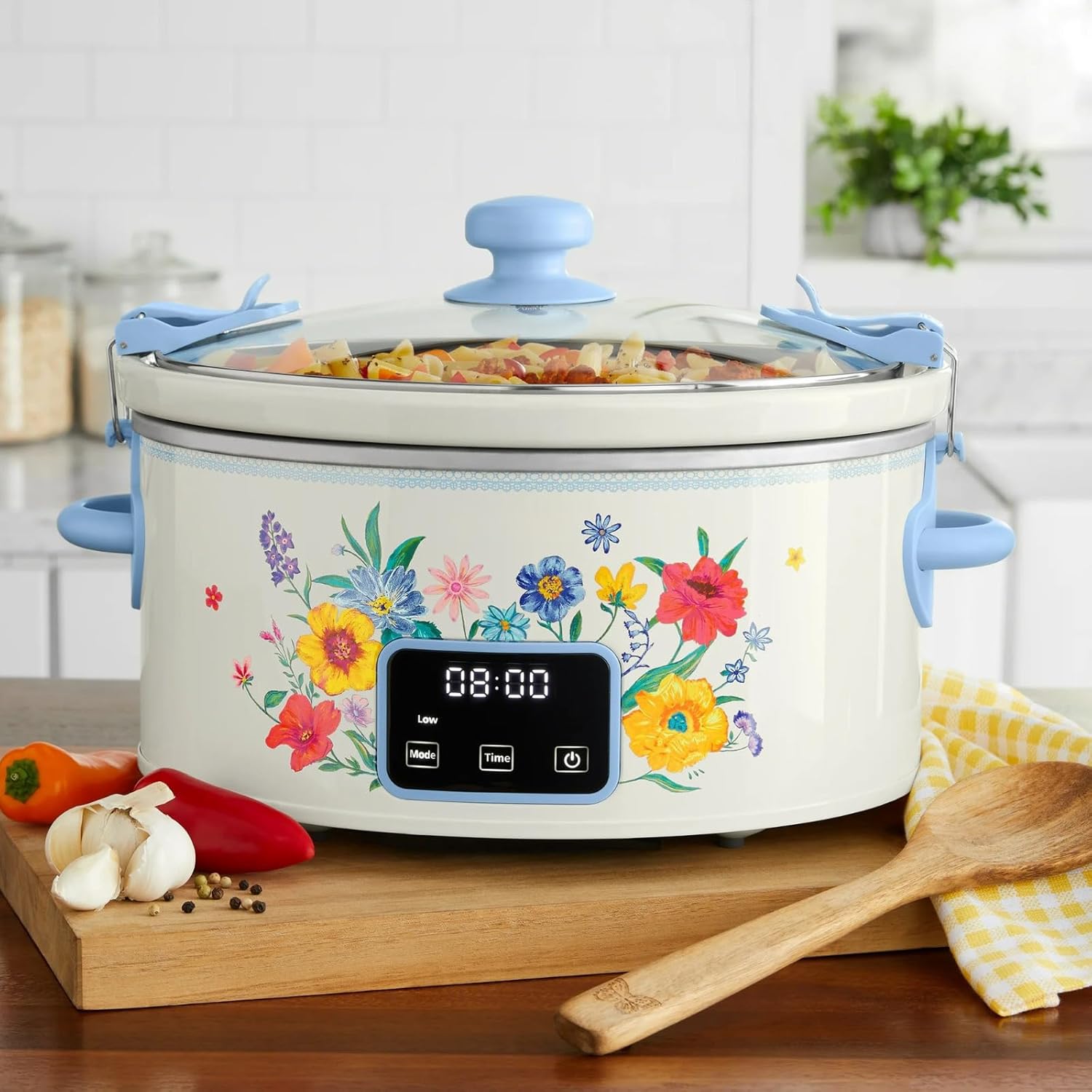 Portable Slow Cooker with Locking Lid, 6-Quart Programmable Multicooker, Brilliant Blooms Pattern, Stainless Steel Digital Touchscreen