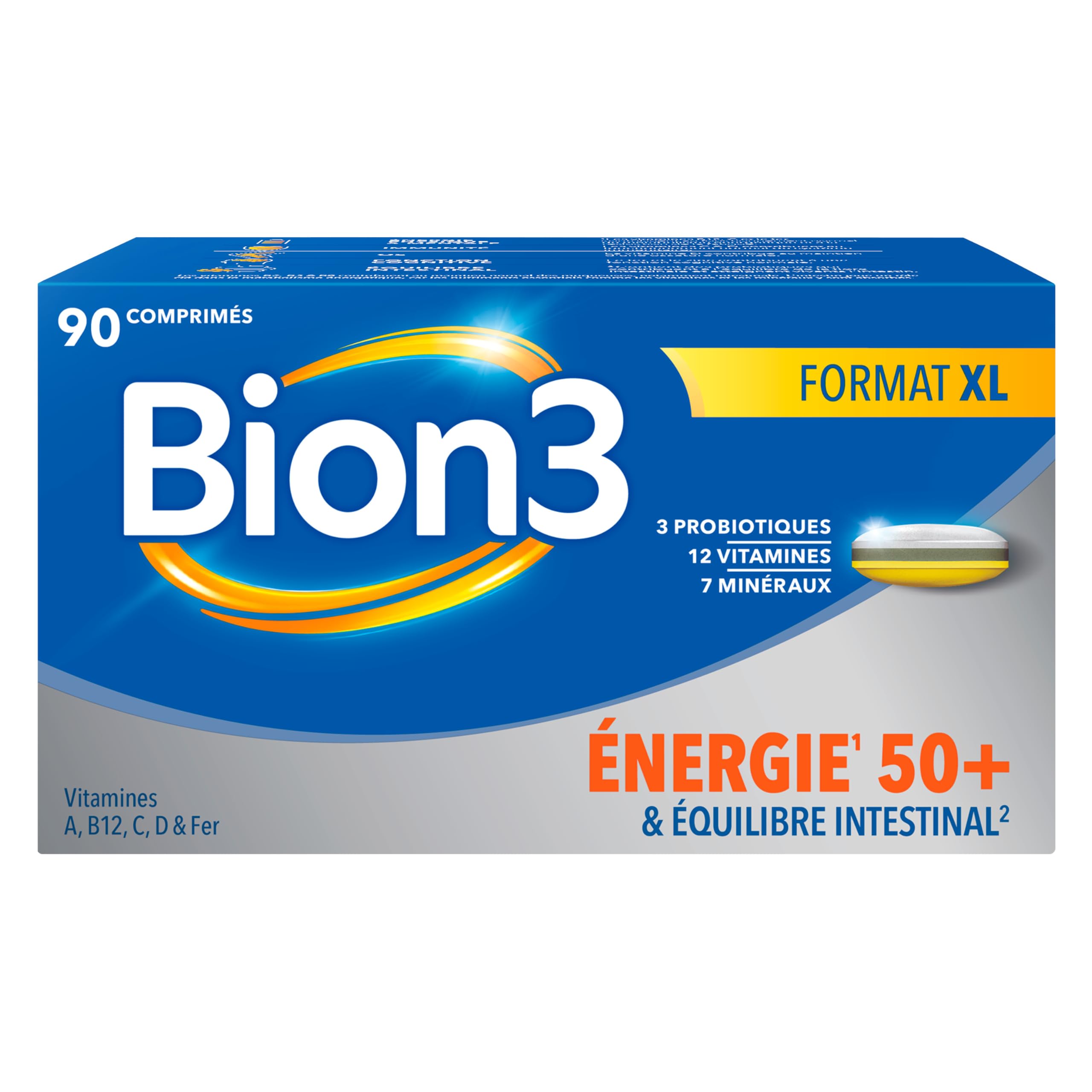 Bion3 Énergie 50+, Multivitamines pour l’énergie physique et mentale¹ et la réduction de la fatigue¹. Contient les vitamines C,B12, B1, B2, B3, B5, B6, B8, A, D, Zinc, Fer, Probiotiques, 90 comprimés