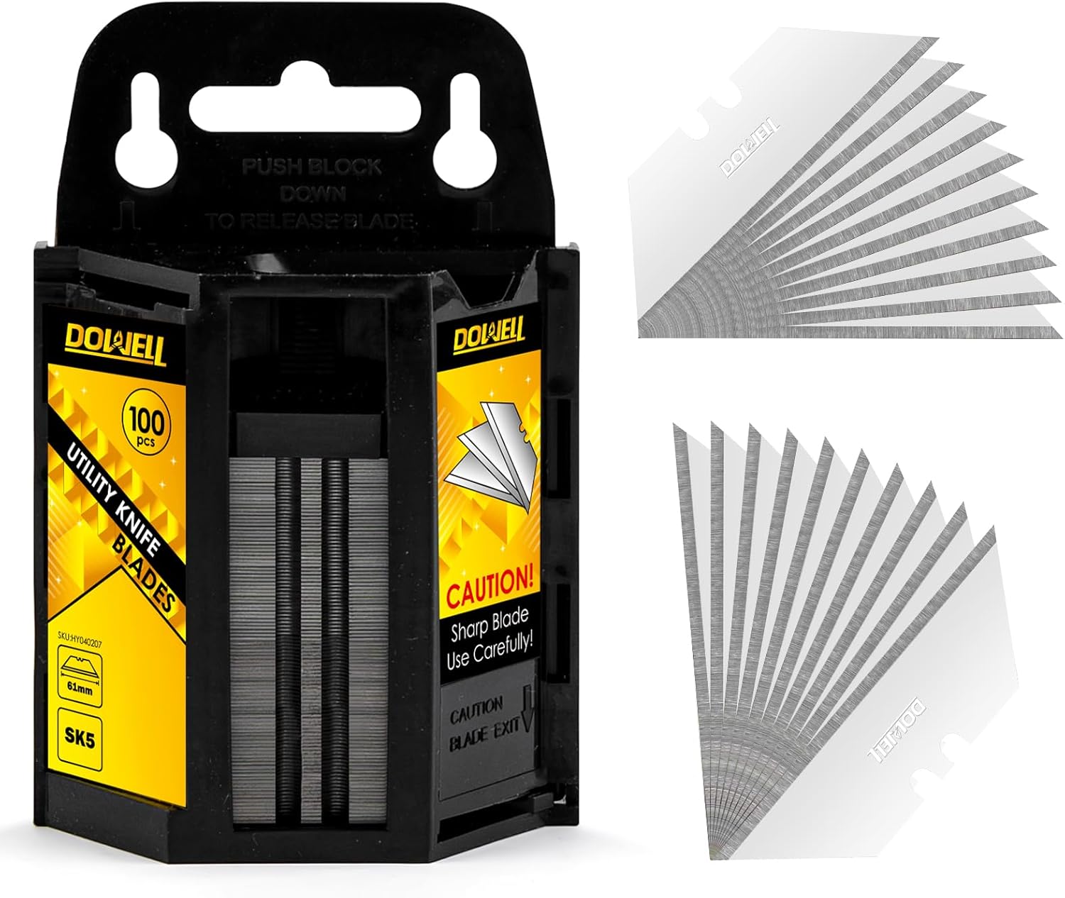 DOWELL Utility Knife Blades 100 Pcs, SK5 Steel Box Cutter Blades with Dispenser, Fit for T-Type Utility Knives, Sharp Durable for Cutting Cardboard,Fabric,Rope,Drywall