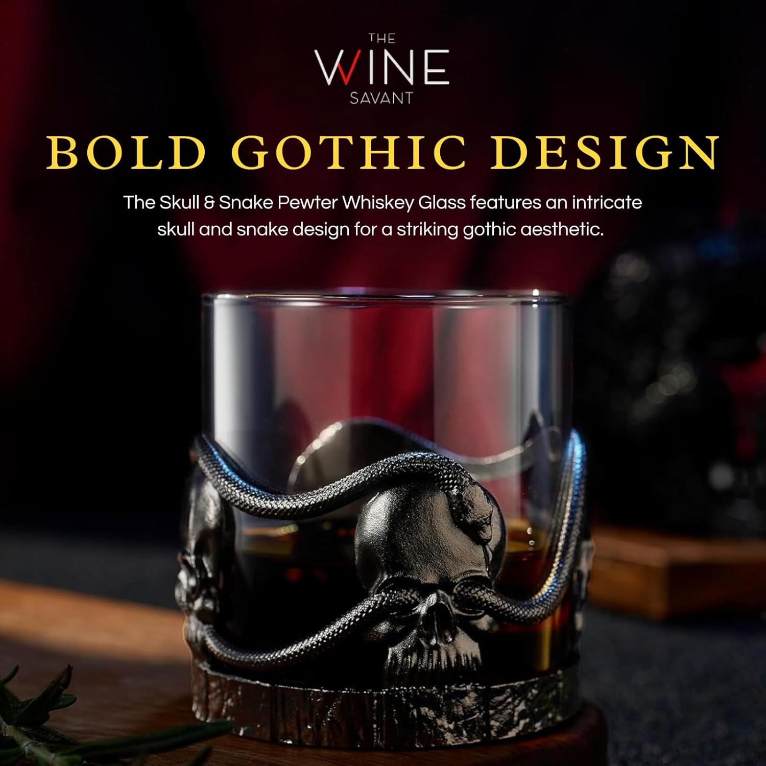 Skull & Snakes Pewter Glasses Set of 2, 12.5oz Gothic Whiskey, Wine, Beer & Water Cups, Spooky Crystal Old Fashioned Tumblers, Elegant Barware Gifts for Men & Women, Haunted Skull Decor Gift