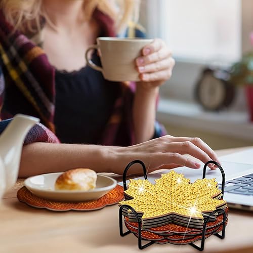 Miniatura 3 de Sratte Juego de 8 posavasos de otoño con diseño de diamantes de calabaza, hojas de arce, juego de posavasos de arte de diamante de Acción de Gracias