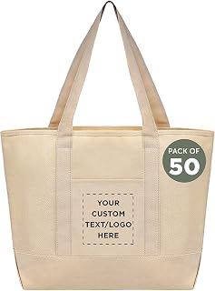 DISCOUNT PROMOS Custom Front Pocket Canvas Tote Bags Set of 50, Personalized Bulk Pack - Perfect for Employees, Students, And For Everyday Use - Natural