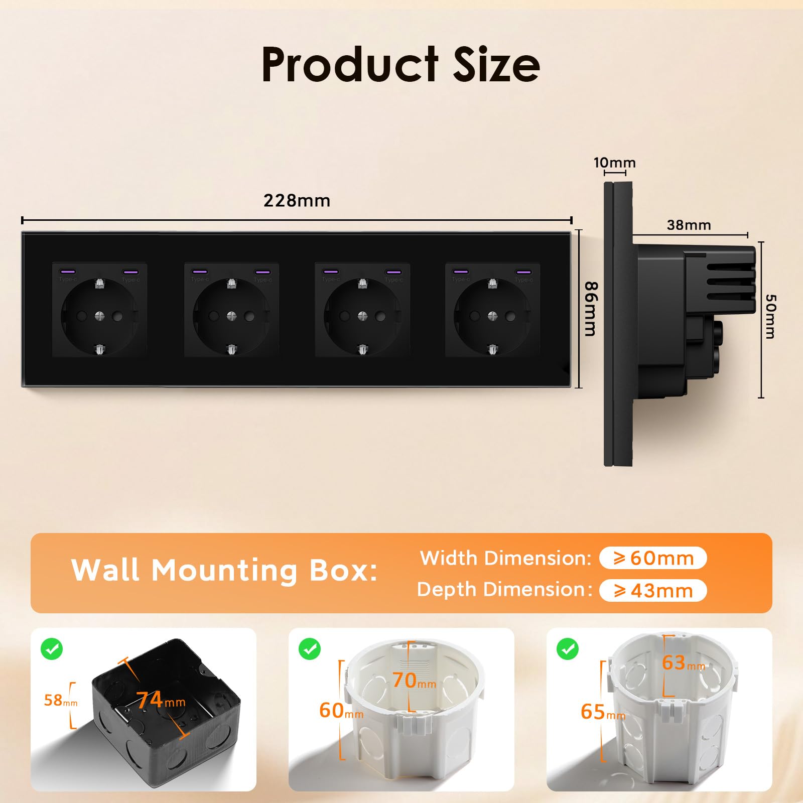 BSEED gniazdo Schuko z ładowaczem szybkim Type C 20W, gniazdo Type C + Type C podtynkowe, 4-fakowe gniazdo ścienne zgodne ze standardem UE z szklaną płytką, 299mm, czarne