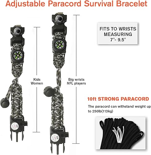 Miniatura 4 de Kit de equipo ajustable de pulsera de paracaídas de supervivencia 20 en 1 con luz LED SOS, iniciador de fuego, brújula más grande, silbato de Camo