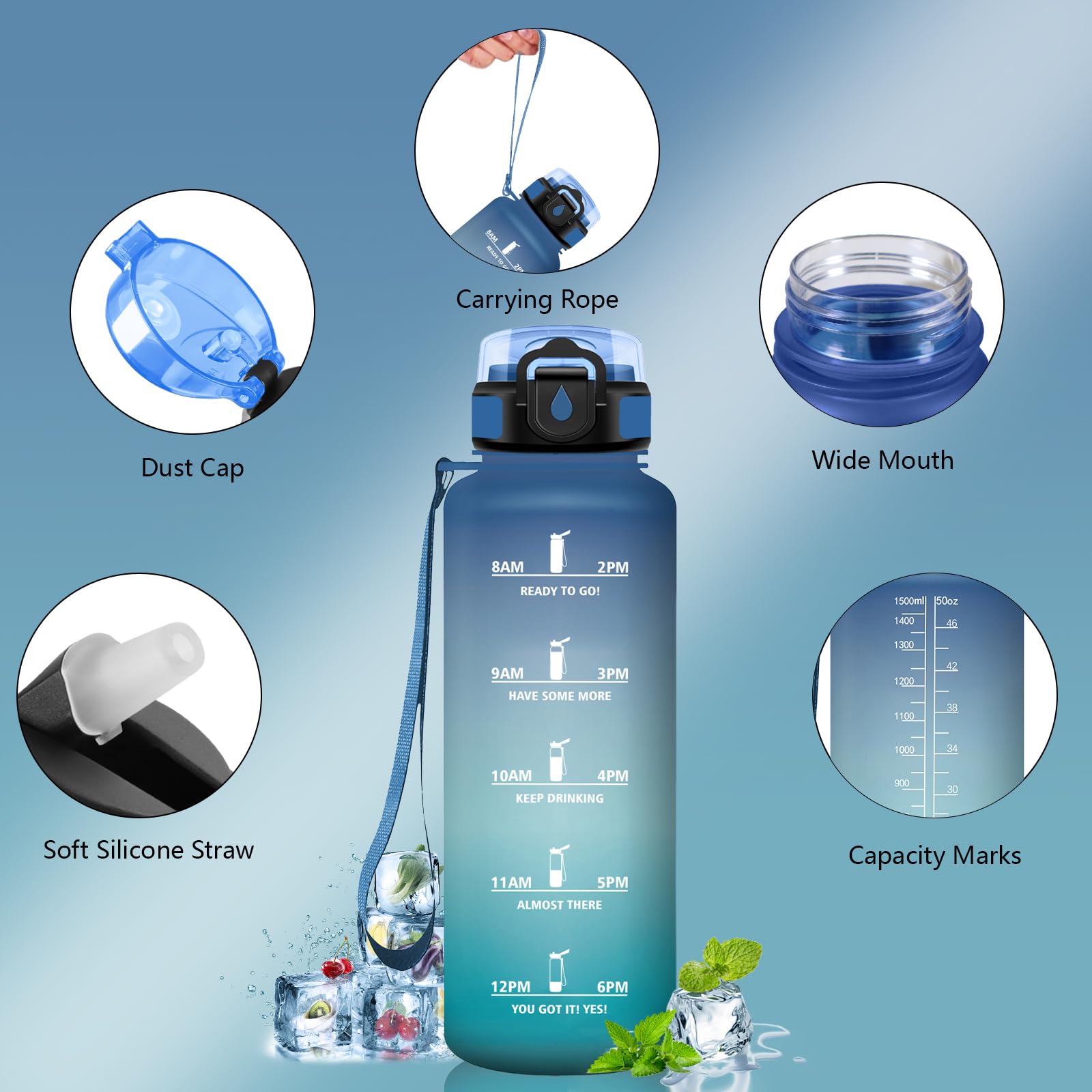 Borraccia 1,5 litri Senza Perdite, Borracce Graduata con Cannuccia, Borracce con Indicatore del Tempo Motivazionale, Facile da Pulire, Borraccia Palestra per Bici, Yoga, Corsa - 3
