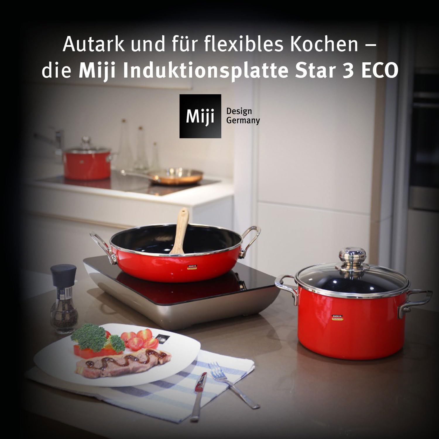 Miji - Star 3 ECO Trend, mobiles Induktionskochfeld, Induktionsplatte mit 1 Kochfeld, Induktionskochplatte mit Ceranfeld autark, 9 Stufen, 2300 Watt, kompakte Größe für Camping oder zu Haus