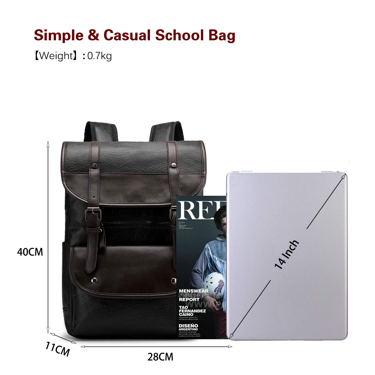 FANDARE Uomo Donna Zaino PU Zainetto per 14 Pollici PC Impermeabile Borsa da scuola Ragazzo Borsetta Universitaria Zaino per Computer Portatile Lavoro per Scuola Viaggio Daypack Nero