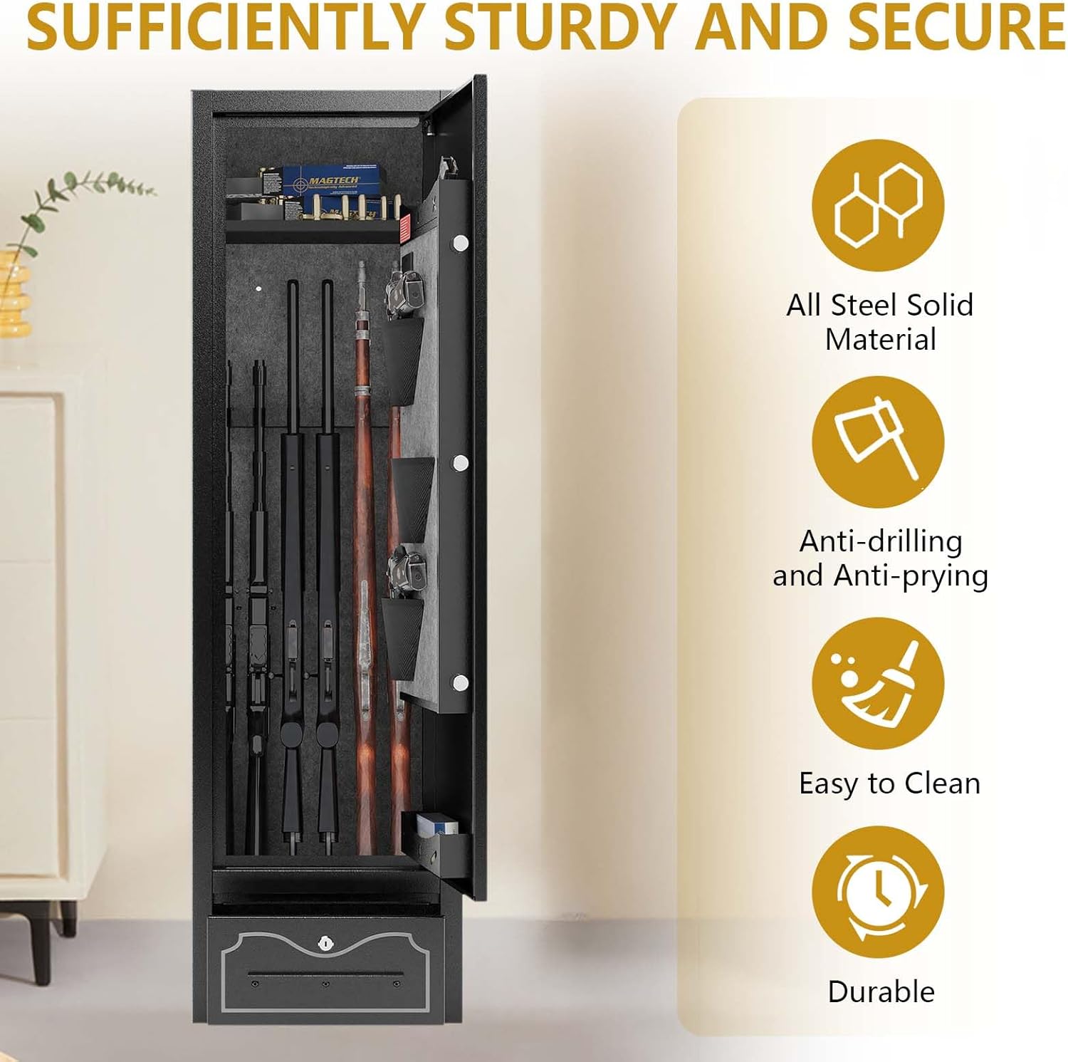 Anwick 8 - Gun Storage Cabinet, Gun Safes for Rifles/Shotguns and Pistols with Detachable Partitions, Fire Proof Gun Safe for Rifles & Pistols with Storage Locking Drawer, Led Light, Digital Lock