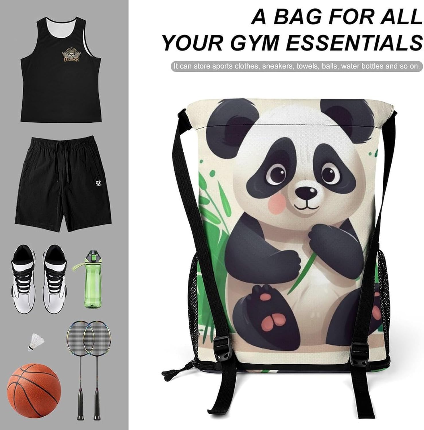 Small Gym Bag Panda Star Printed Drawstring Gym Bag for Men Lightweight Waterproof Drawstring Backpack for Women with Shoe Compartment for Travel Tourism Work And Fitness