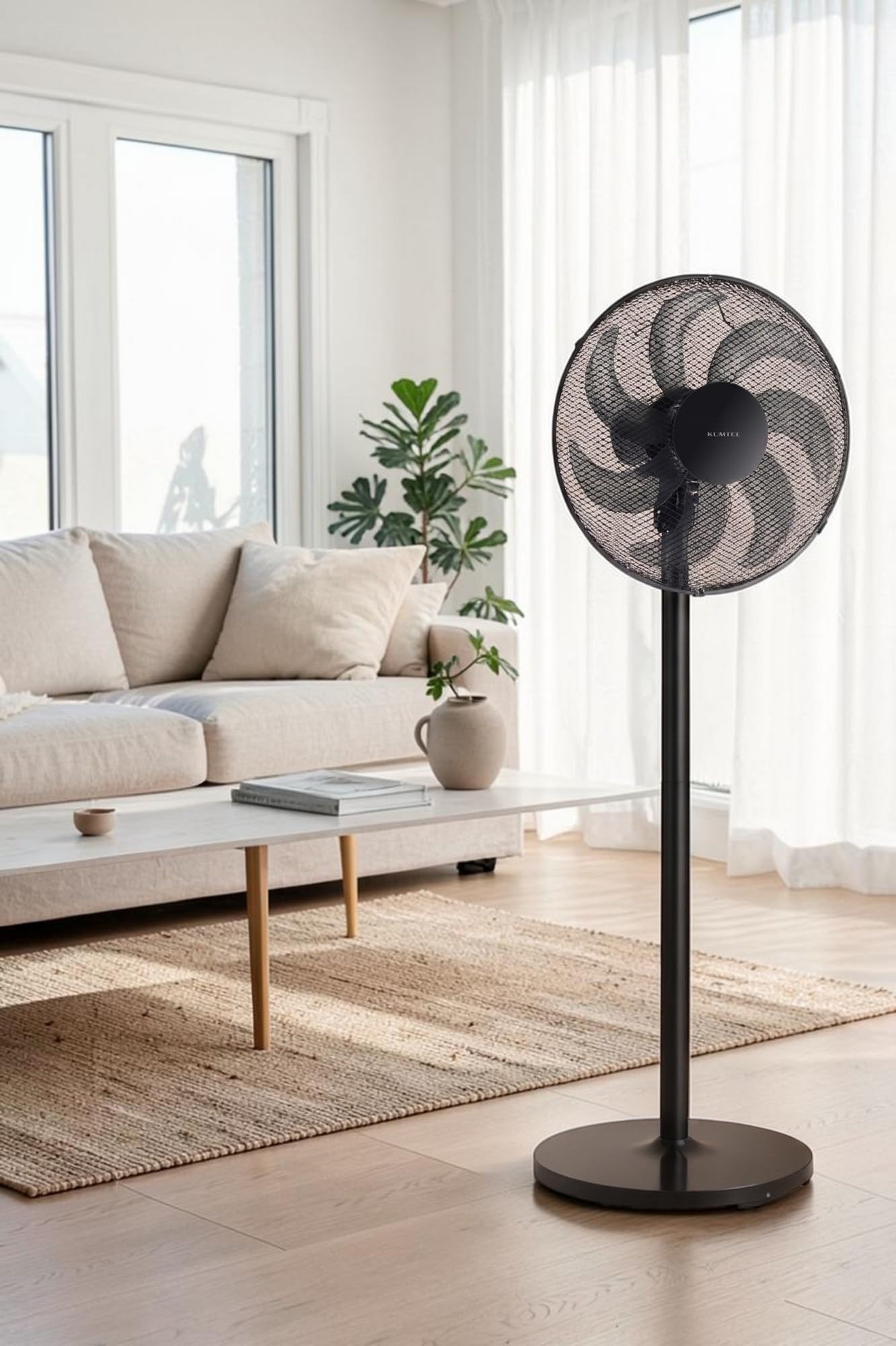 Opviq Kumtel Potente Ventilatore Nero 50W 130cm Altezza Regolabile 7 Pale 3 Velocità Silenzioso Motore In Rame Efficiente