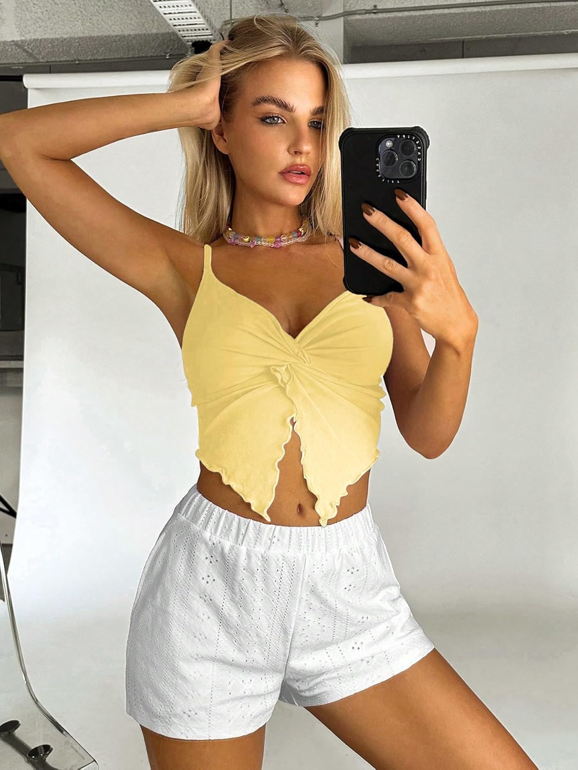Women's Going Out Tops Y2K Twist Front Cami Crop Tops Spaghetti Strap Ruffle Asymmetrical Ruched Camisole - Image 3