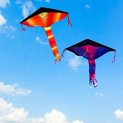 Miniatura 6 de JOYIN Paquete de 3 cometas Delta multicolor, color cálido y frío, fácil de volar para niños y adultos con cuerda de 262.5 pies, cometa grande de