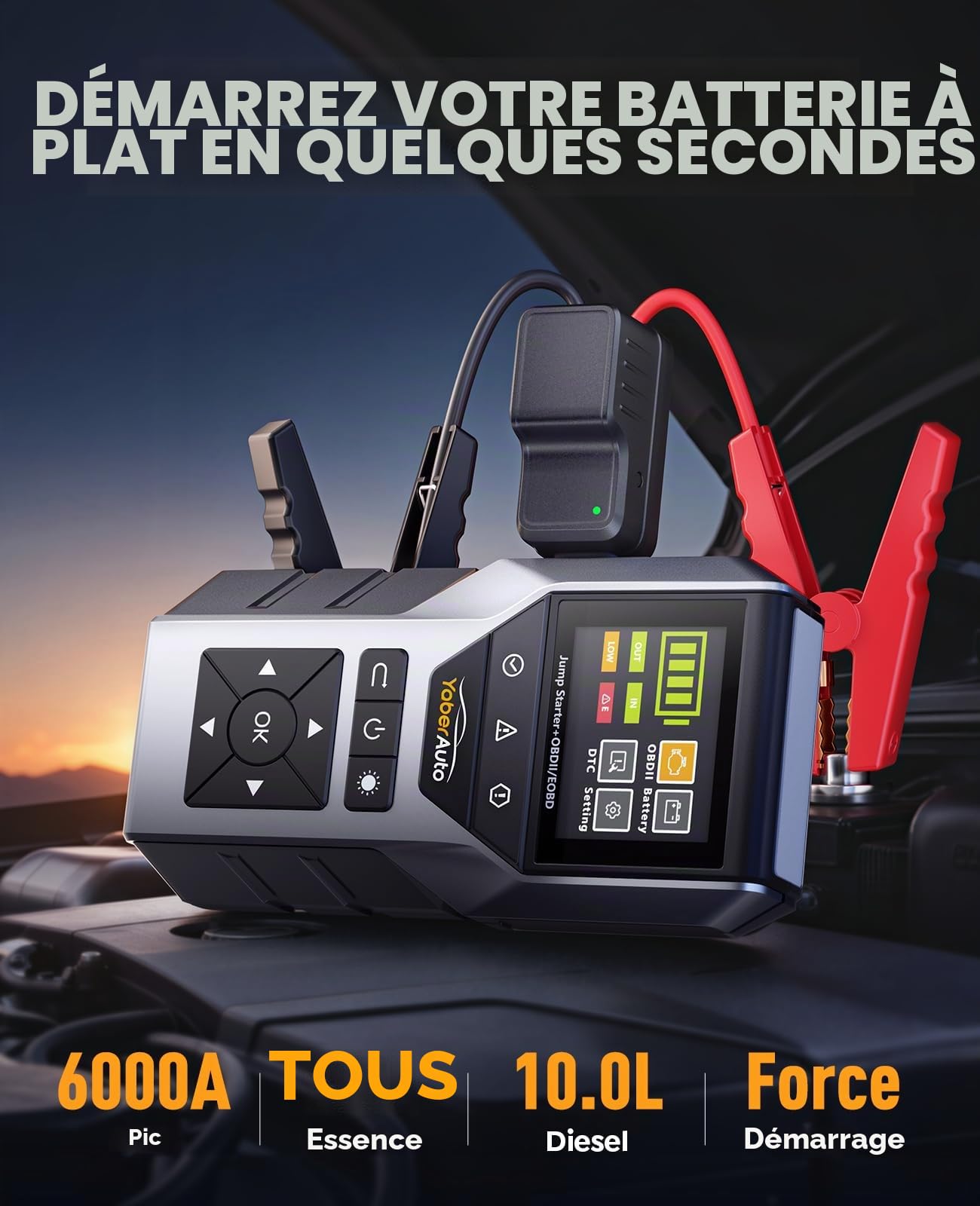 YaberAuto Booster Batterie Voiture 6000A avec Valise Diagnostic OBD2 et Testeur de Batterie, Batterie Externe de Démarrage 16800mAh pour Tous Moteurs Essence et Diesel 10,0 L, Lampe LED, Câbles Inclus