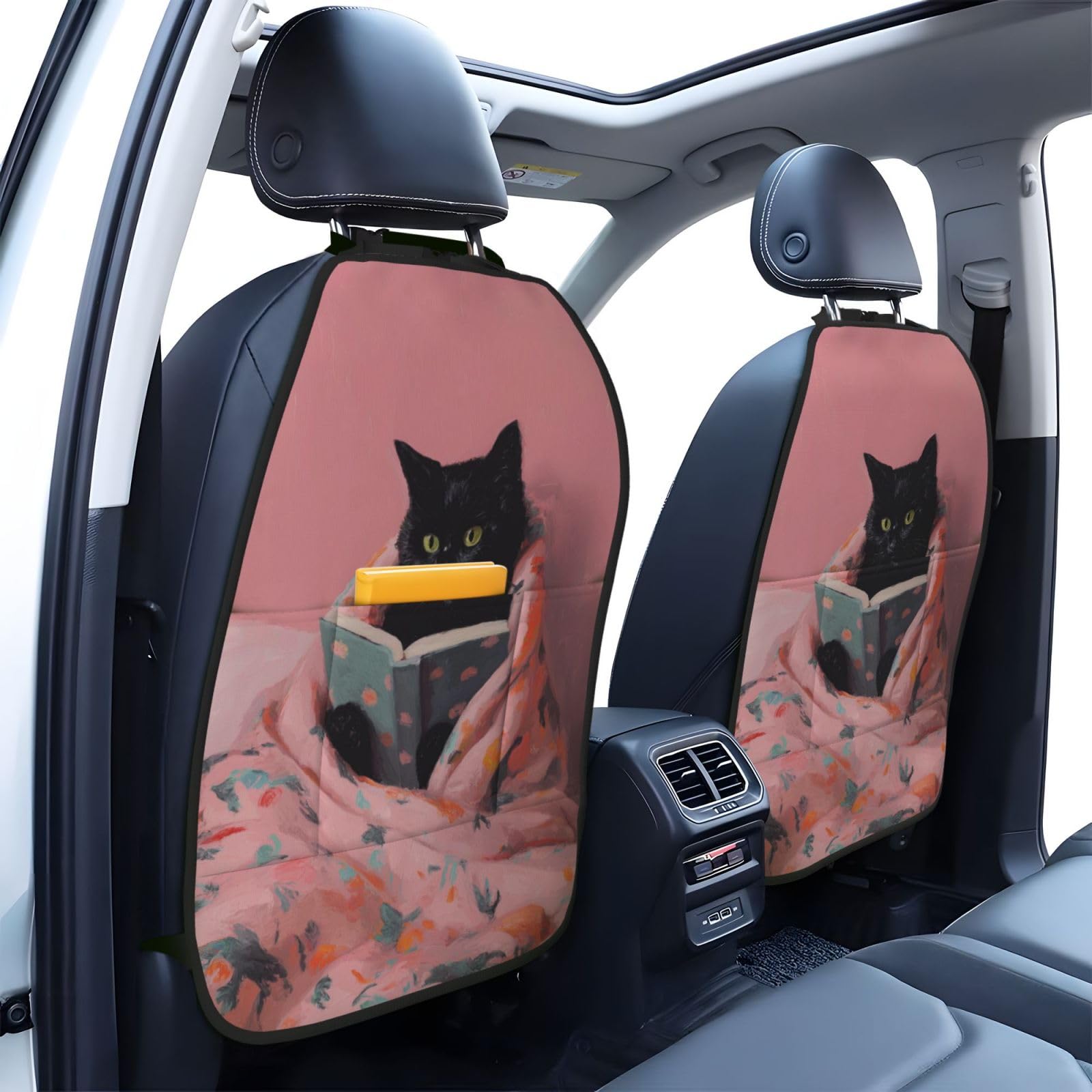 Black Cat Reading A Book Car Seat Back Kick Protectors,2 Pack Kick Mats with Storage Pockets for Vehicles to Protect from Dirt Mud Scratches