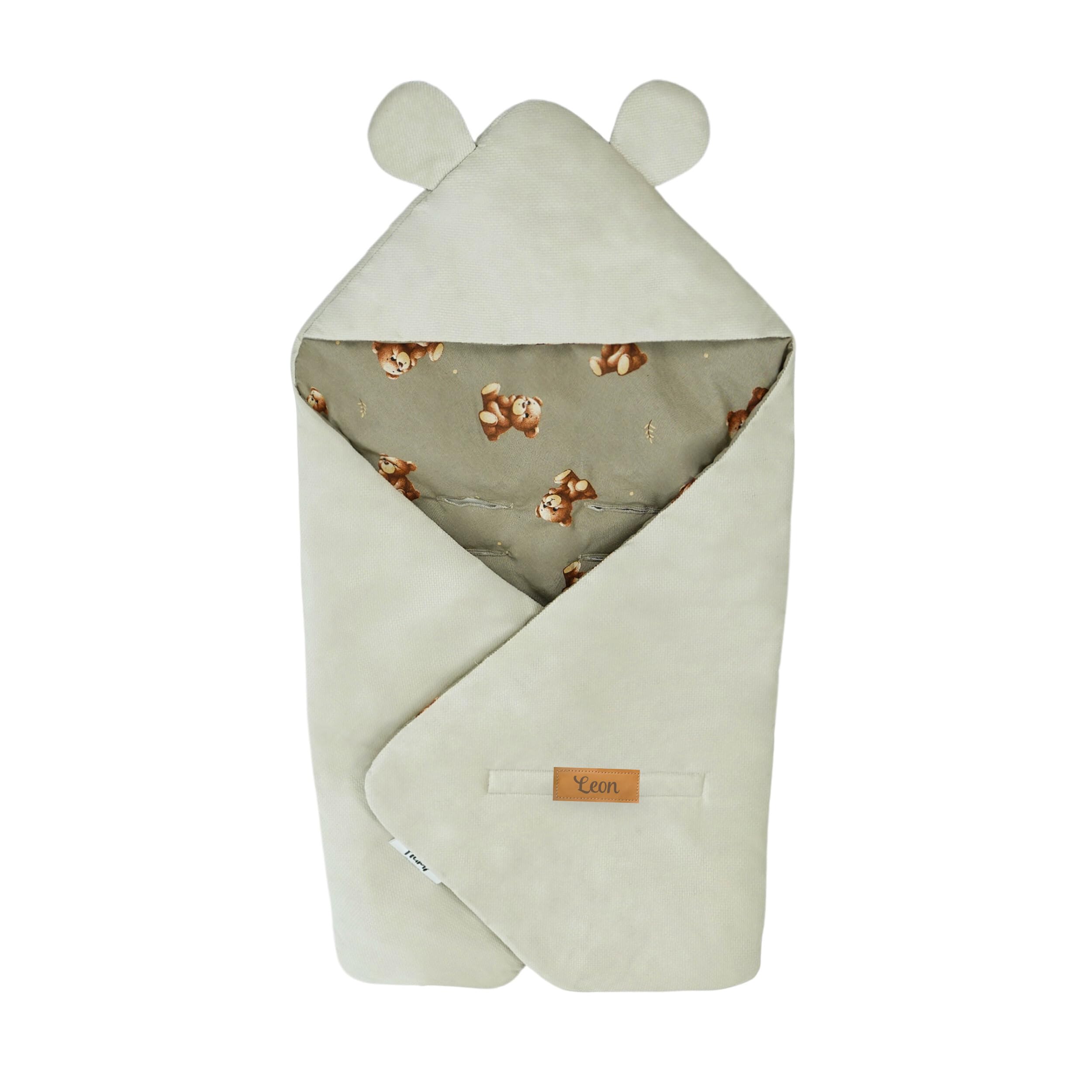 Flumi Coperta per Seggiolino Auto e Ovetto – Copertina Avvolgente Neonato con Cappuccio e Fori per Cinture, Morbida e Lavabile, Personalizzabile con Nome (orsacchiotto beige)