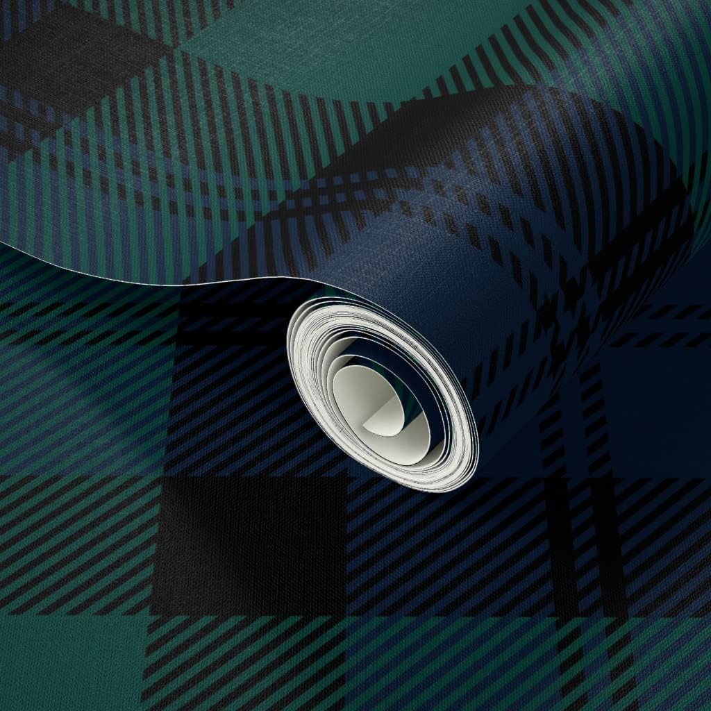 Peel & Stick Wallpaper Swatch - Dark Tartan Traditional Plaid Large Scale Green Classic Black Custom Removable Wallpaper by Spoonflower