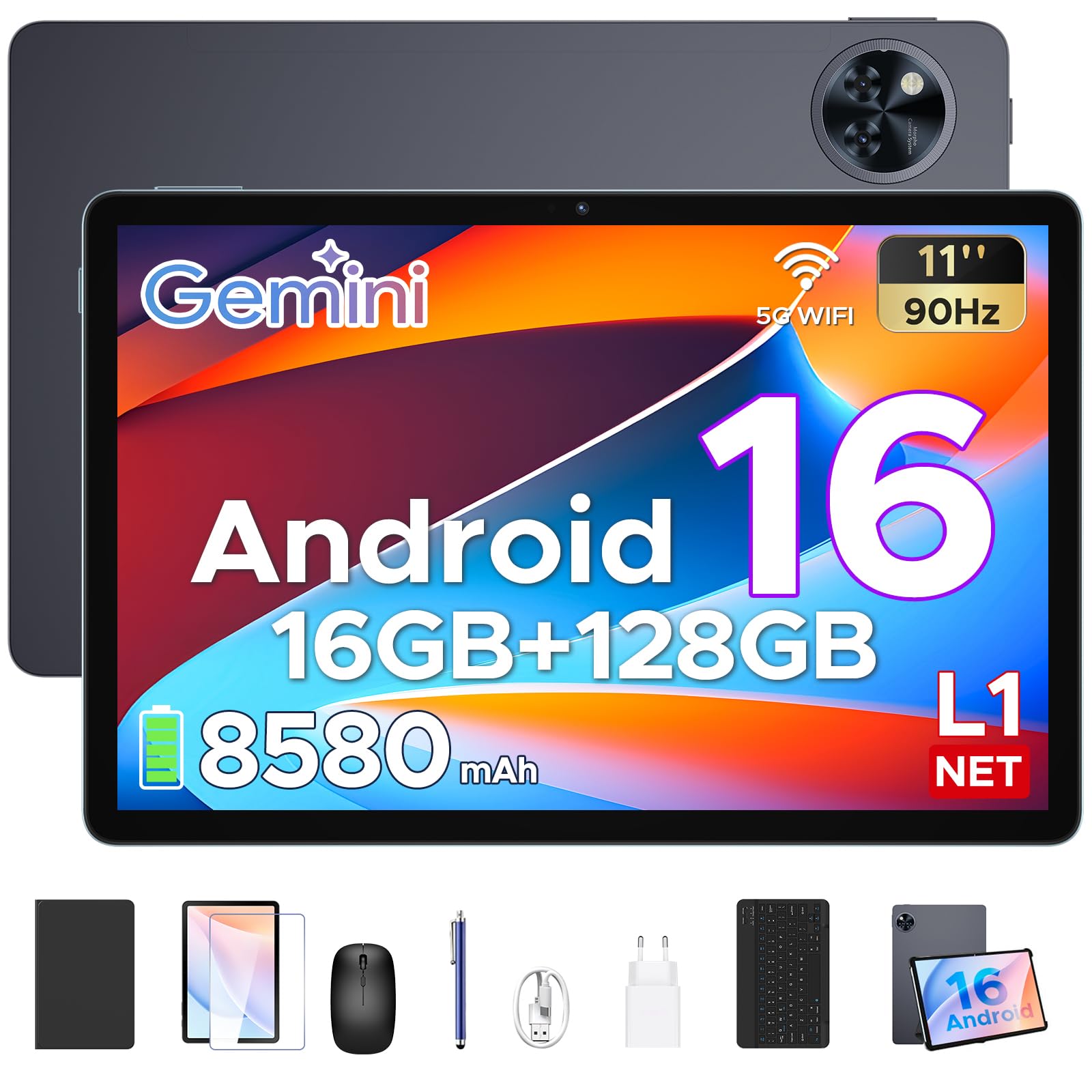 Tablet Android 16 11" con Gemini AI, 16GB+128GB(Ampliable 2TB TF), 8580mAh, Teclado+Lápiz Incl. Unisoc T7200 Octa-Core, 90Hz&13MP+5MP, WiFi 5G, Face ID, Widevine L1, GMS, GPS,OTG, Audio 3.5mm
