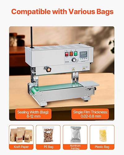 Miniatura 3 de VEVOR Máquina de sellado continuo de banda de bolsa, 0.24-0.47 pulgadas0.236-0.472 in de ancho de sellado, máquina selladora de banda vertical con