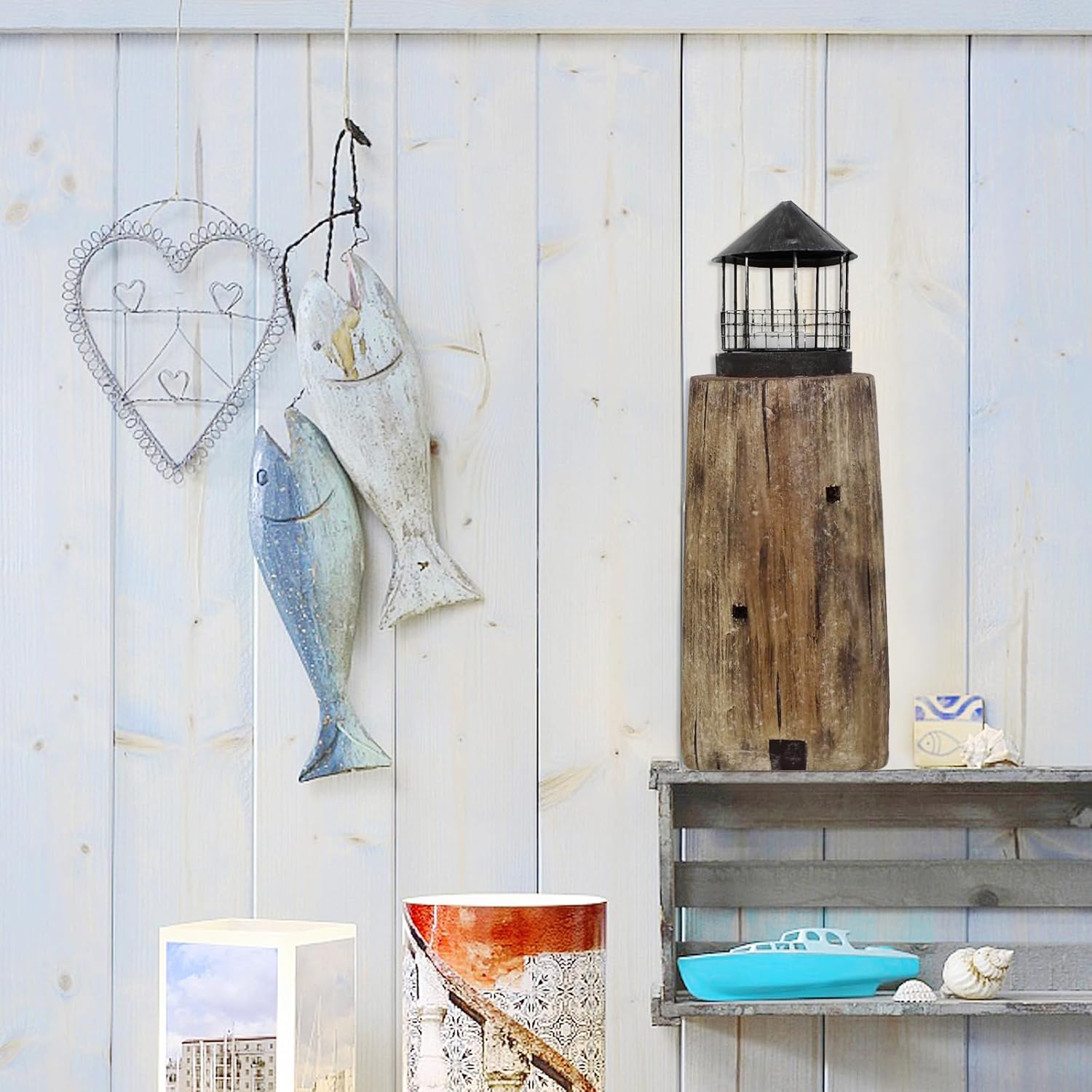 18.5" H Rustic Wood Lighthouse Candle Holder, Beach Ocean Themed Lighthouse Candle Holder,Nautical Style Beach Bathroom Decor, Coastal Farmhouse Candle Holder for Bathroom, Living Room Table Decor