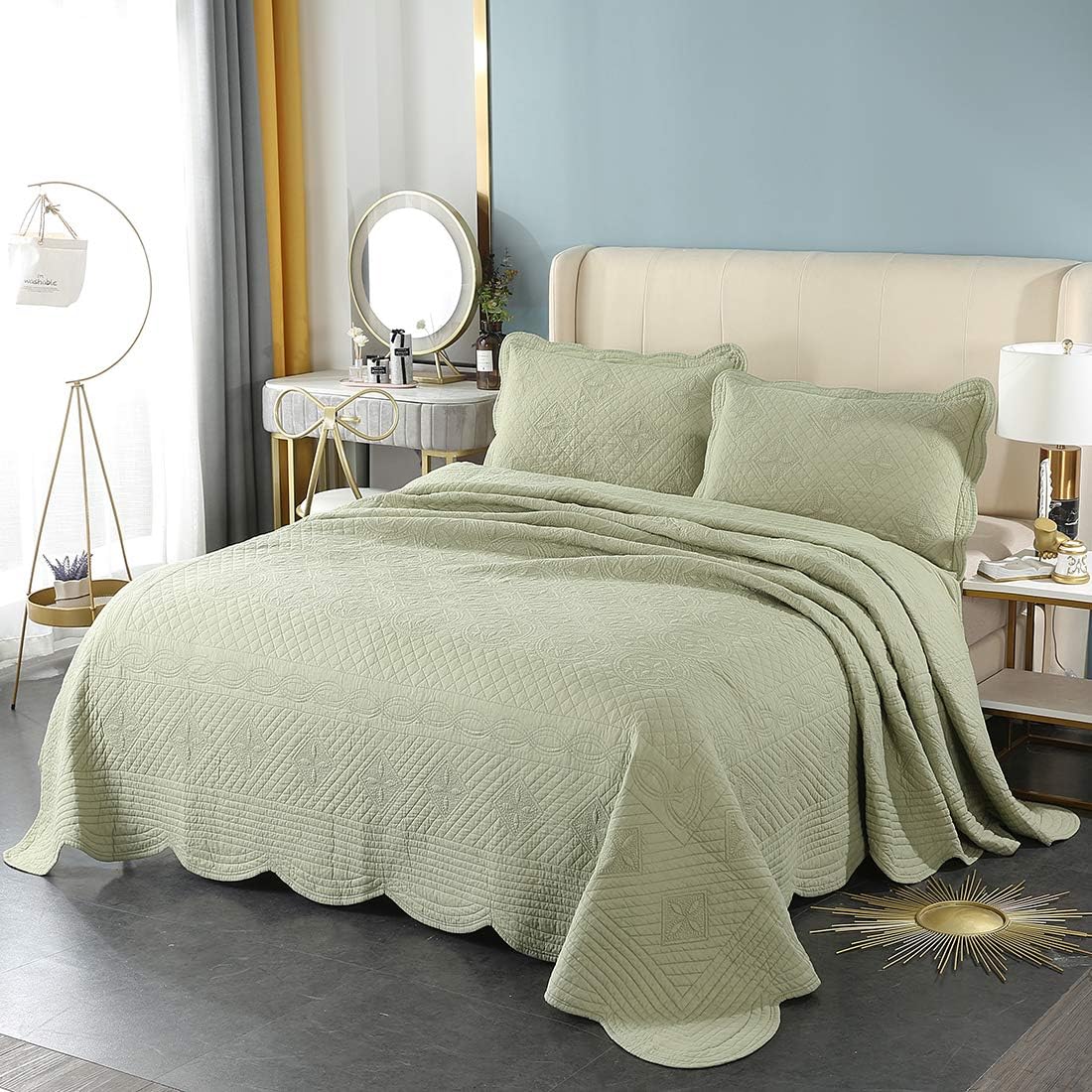 vctops 3-Piece 100% Cotton Solid Quilt Set Oversize Queen Embroidered Reversible Lightweight Quilted Coverlet Bedspread for All Season (Green,Oversize Queen)