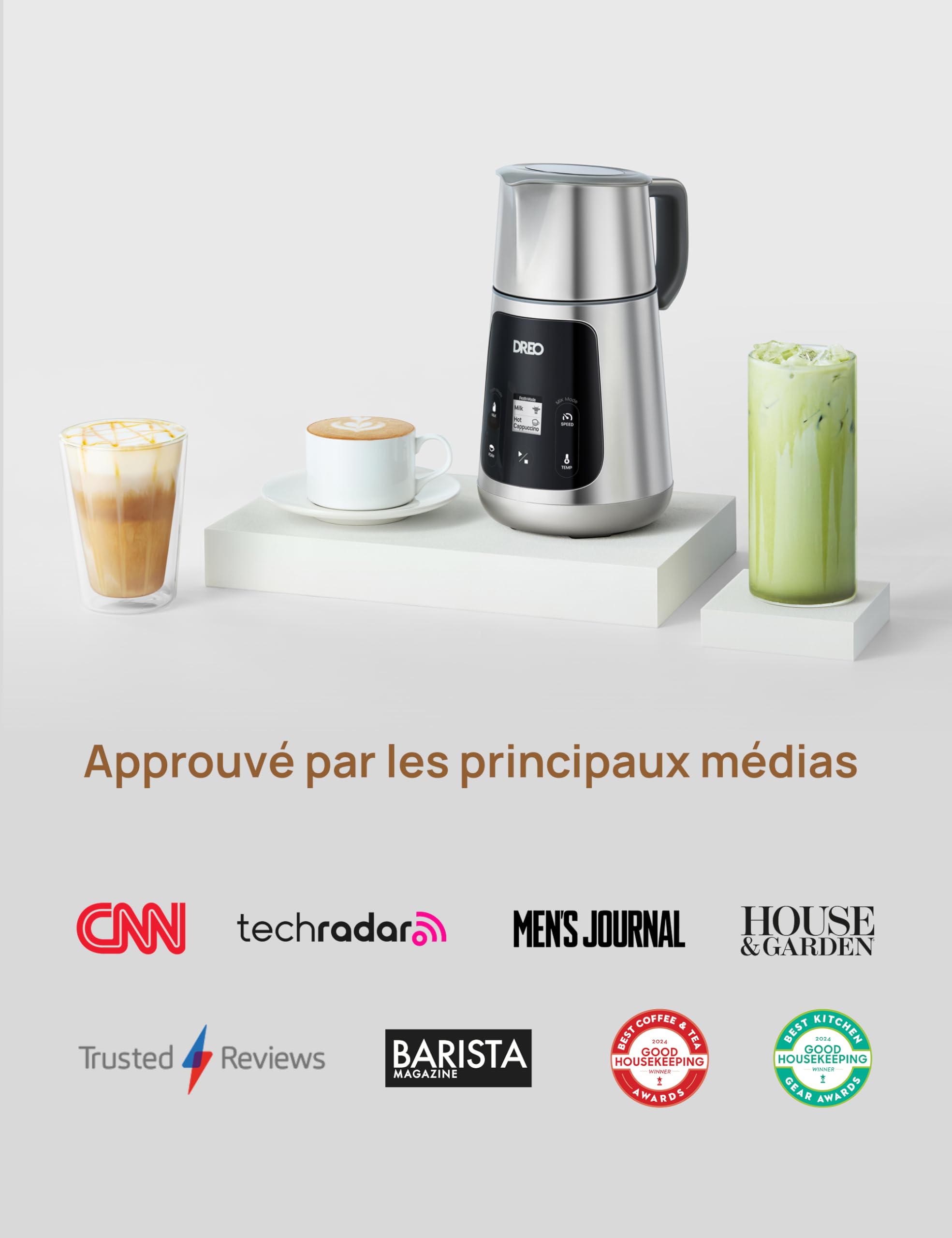 DREO Mousseur à Lait Électrique [Amélioré], Mousseur Automatique All-in-1 de 450ml pour Lait, Cappuccino, Chocolat Chaud, Plus de 30 Boissons, Facile à Nettoyer, Lavable au Lave-vaisselle, Écran LED