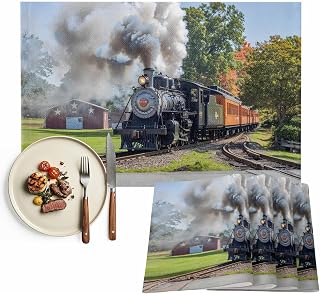 Placemats 1 Pack, Train Railway Woven Placemat, Linen Place Mats for Kitchen/Dining Tables, Countryside Cabin Trees Farmhouse Rustic Washable Table Mats for Party