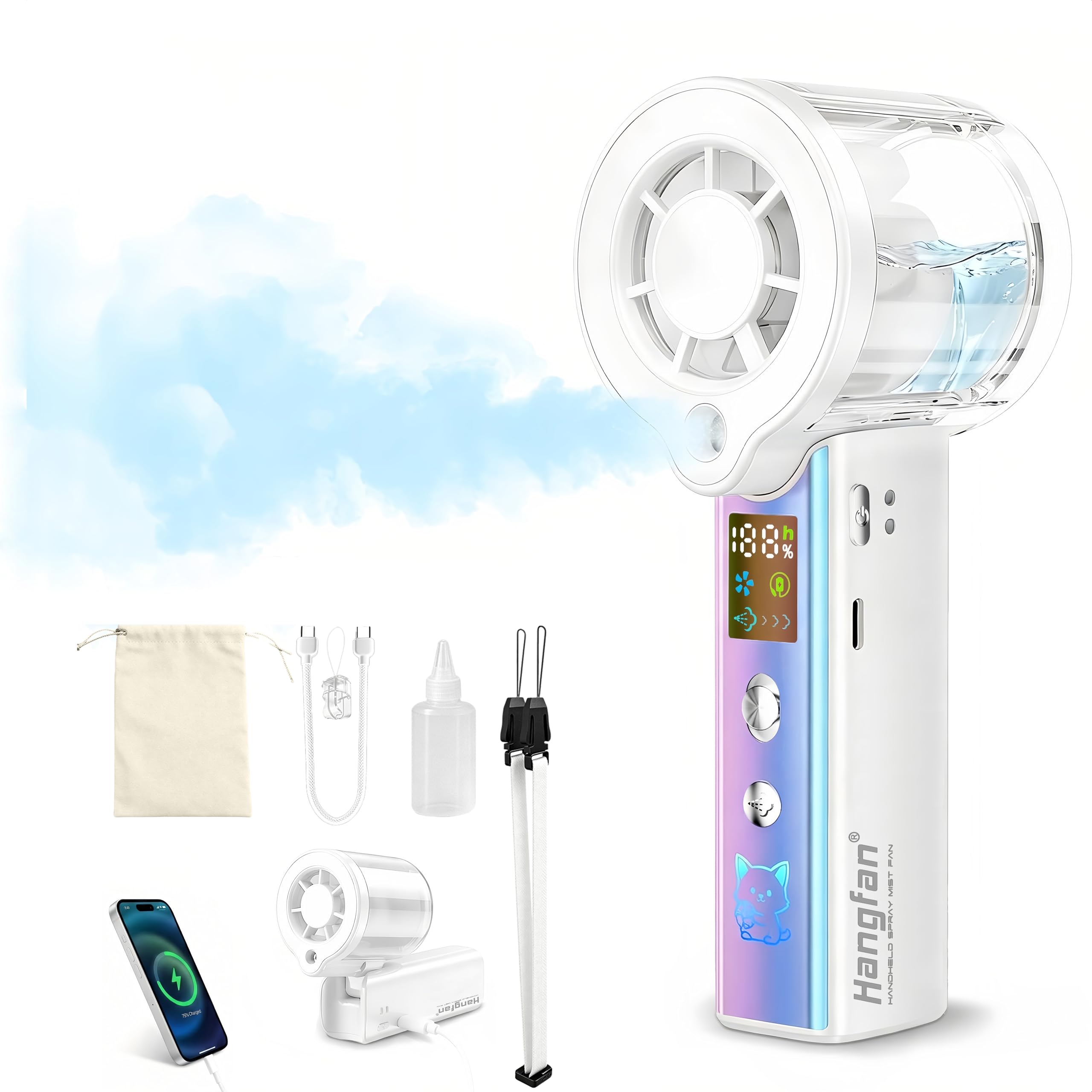 4-in-1 portable spray handheld fan,Extra-large battery USB rechargeable spray fan,Adjustable 1-100 Speed,mini fan,foldable personal fan,LED display,for Travel/makeup/Outdoor/Camping/concert(White)
