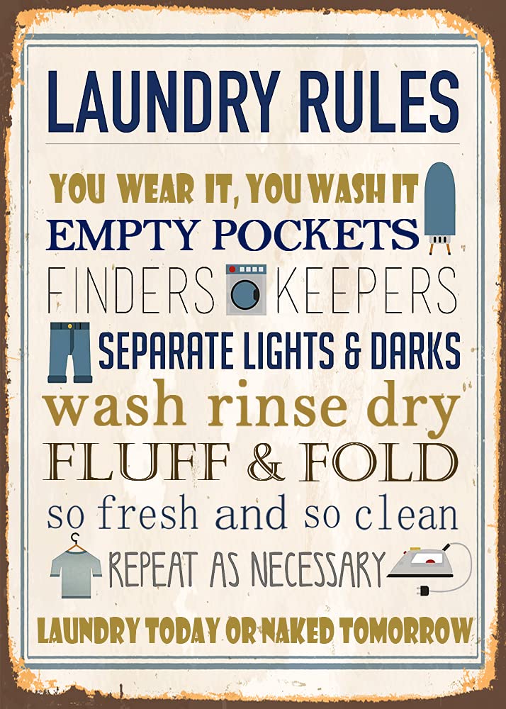 Laundry Room Tin Sign, Laundry Rules Retro Aluminum Metal Sign Wall Decoration For Cafes Bars Pubs Shop 8 X 12 Inch