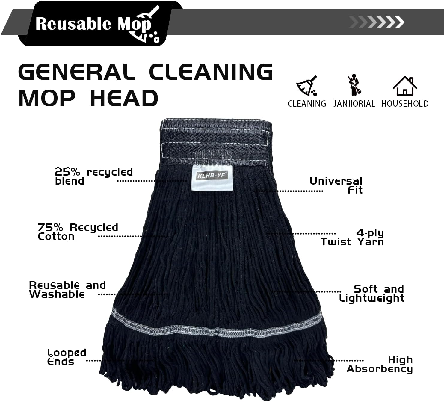 Heavy Duty Wet Industrial Cleaning Mop Head – 21 oz Black mop Head Replacement Cotton Washable Industrial mop Heads Heavy Duty for Commercial & Home Cleaning（Balck）