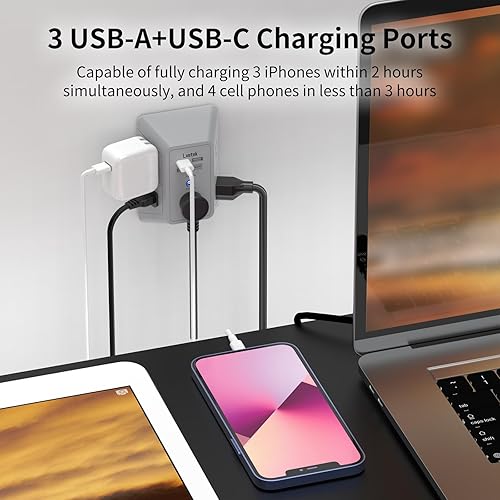 Miniatura 3 de Extensor de tomacorriente, protector de sobretensiones con 5 enchufes múltiples y 4 puertos USB (1 USB C), cargador de pared de regleta de