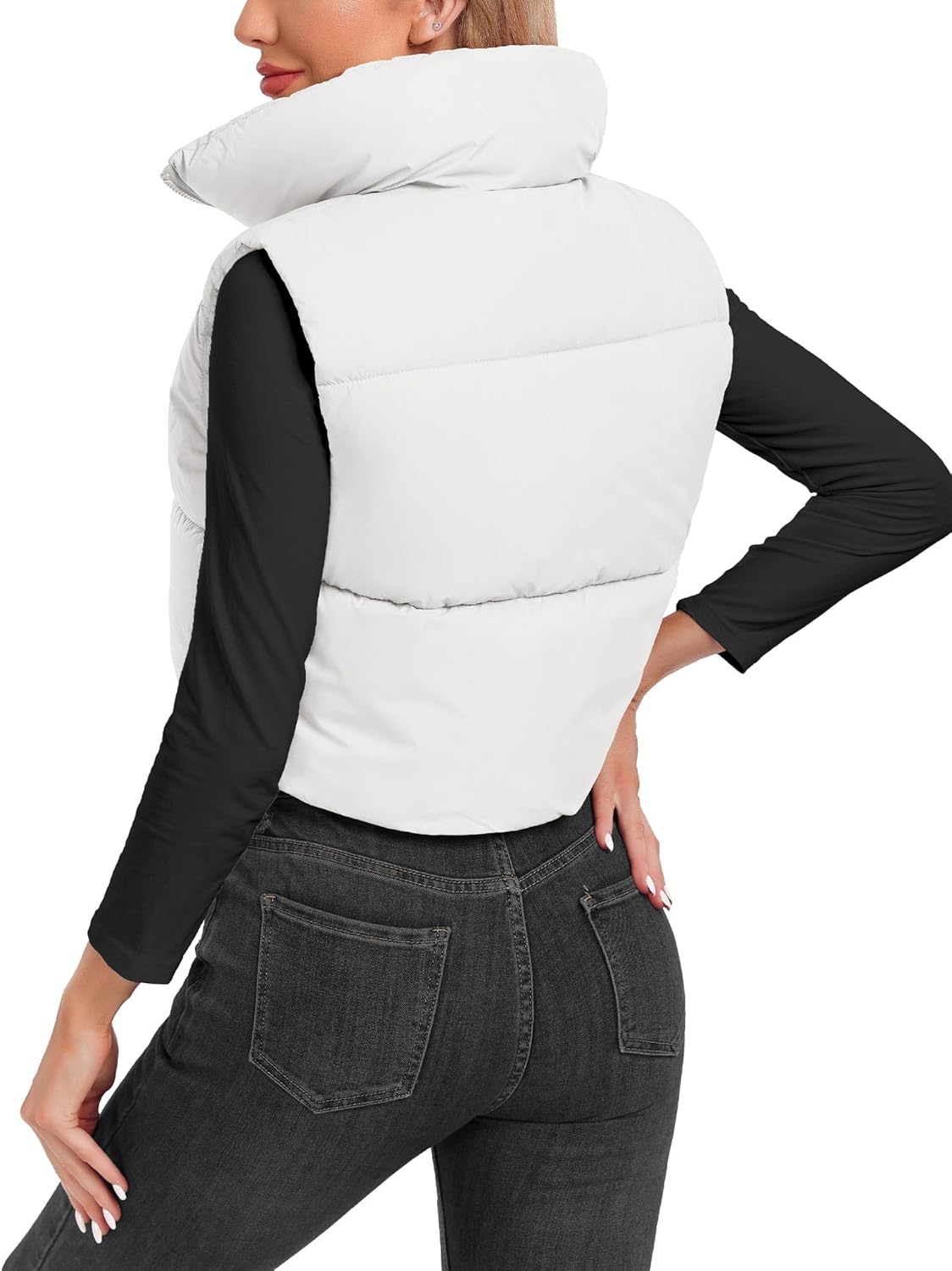 Women's Cropped Puffer Vest Sleeveless High Stand Collar Crop Outerwear Zip Up Warm Padded Gilet - Image 3