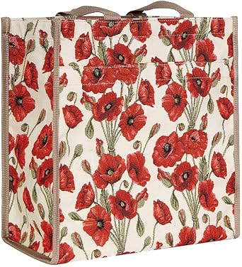 Signare Tapestry Red and White Womens Shopping Tote Bag/Shoulder Bag with Poppy SHOP-POP