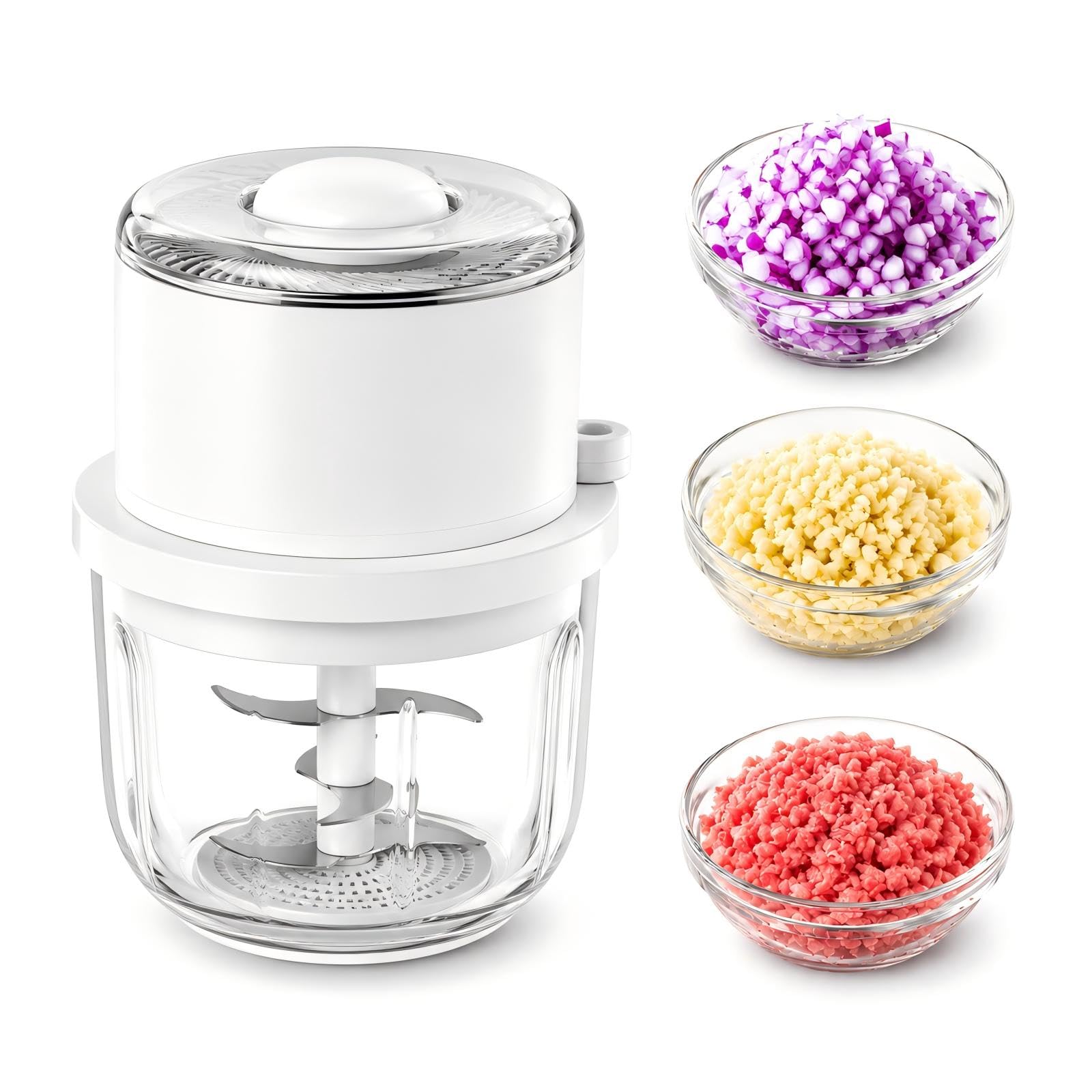 Tritatutto elettrico, mini robot da cucina da 350 ml, ciotola in vetro spesso, tritatutto portatile con 6 lame in acciaio inox, tritacarne cipolle per aglio, peperoncino, zenzero, noci