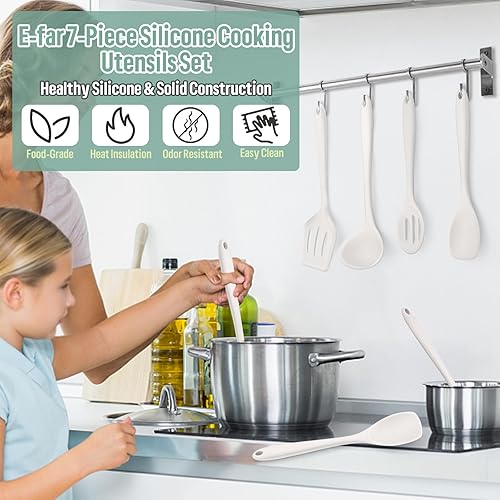 Miniatura 7 de E-far Juego de utensilios de cocina de silicona, 7 piezas, color blanco, resistente al calor, herramientas antiadherentes, espátula, cucharón,
