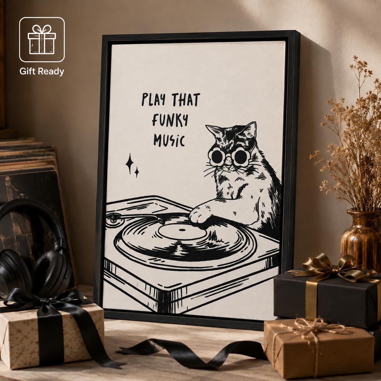 Framed Cat Canvas Wall Art, DJ Cat with Sunglasses Painting Picture Wall Decor, Retro Vinyl Player Poster Print Artwork for Bedroom Music Room Home Decoration 8x10in