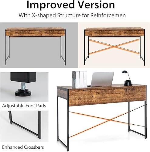 Miniatura 22 de Tangkula Escritorio industrial para computadora con 2 cajones, escritorio de estudio simple con cajones, estación de trabajo para computadora Marrón