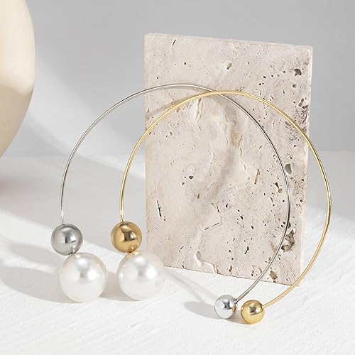 Miniatura 9 de Gargantilla abierta de metal con perlas grandes, collar ajustable de plata con perlas grandes para mujer, collar redondo abierto, elegante collar de