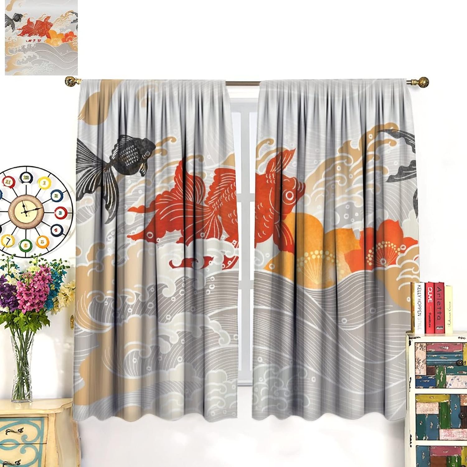 Japanese Koi Fish Curtains, Ocean Wave Koi Asian Style Window Treatments Curtains for Bedroom Kitchen Living Room Home Decor W52xL84in