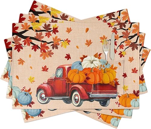 Juego de 4 manteles individuales para mesa de comedor, diseño de calabazas rojas y de lino, de algodón, con bolsillo, mesa cuadrada o rectangular de
