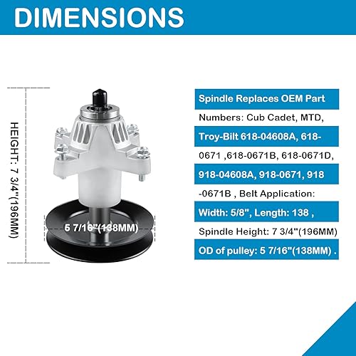 Miniatura 5 de Conjunto de husillo de cortacésped que sustituye a Cub Cadet MTD Troy-Bilt 618-04608 618-0671 918-0671 618-04608A 918-04608A ZT54 GT1554 RTZ54