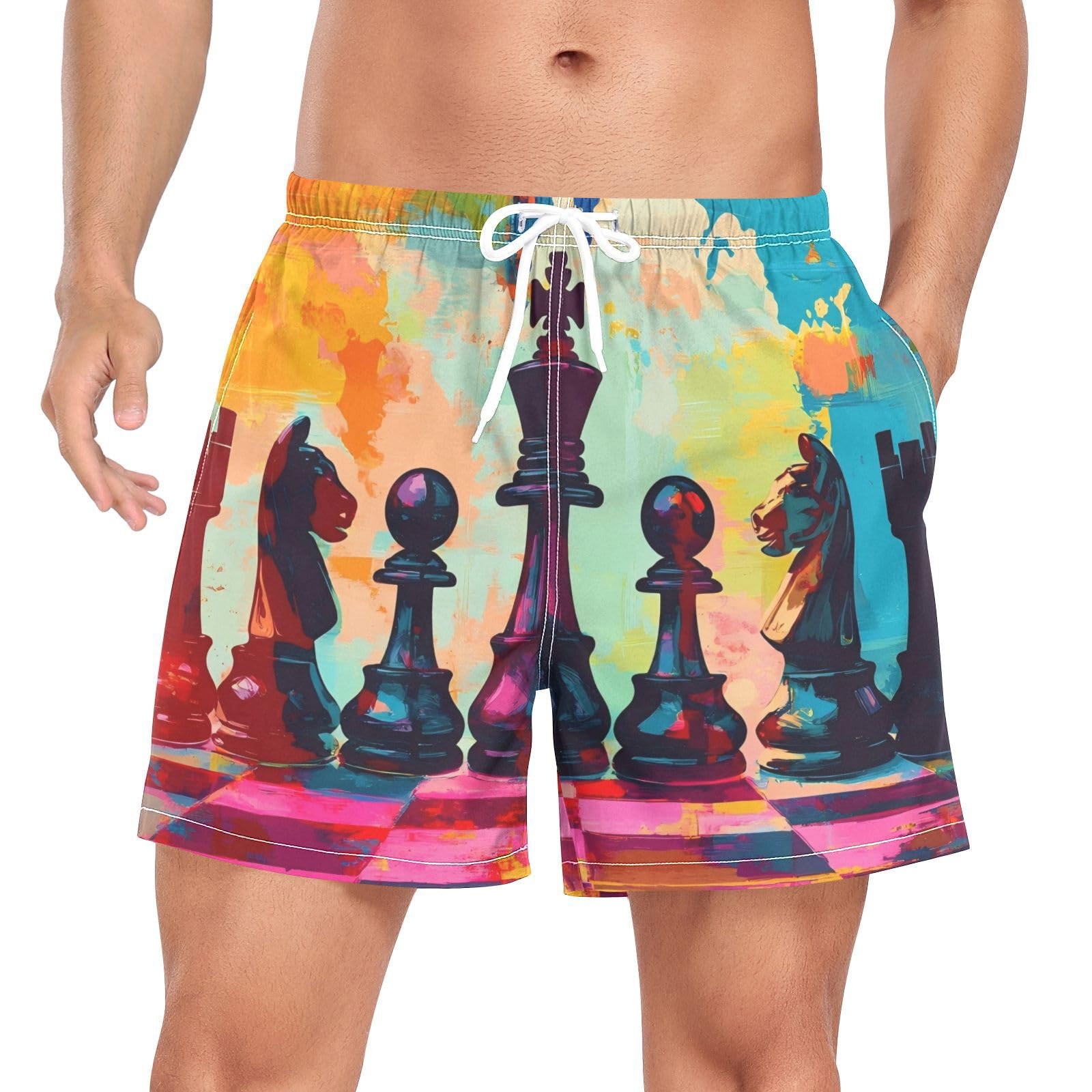 Pantalones cortos de natación para hombre con estampado de ajedrez multicolor 8