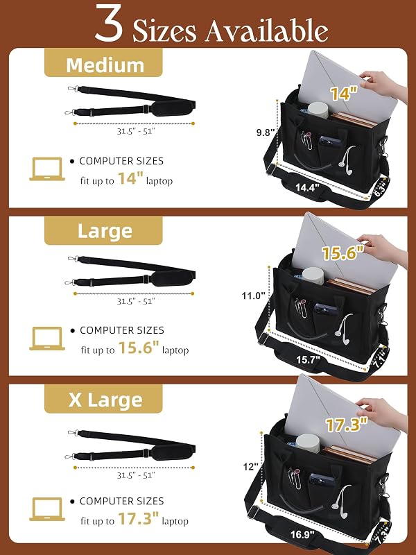 FIORETTO Canvas Tote Bag for Women with Zipper Closure & Individual Compartments for Work College, Crossbody Laptop Tote Purse Handbag with Detachable Strap & Bottom Support for Teacher & Nurse Black by FIORETTO - Used condition - Image 11