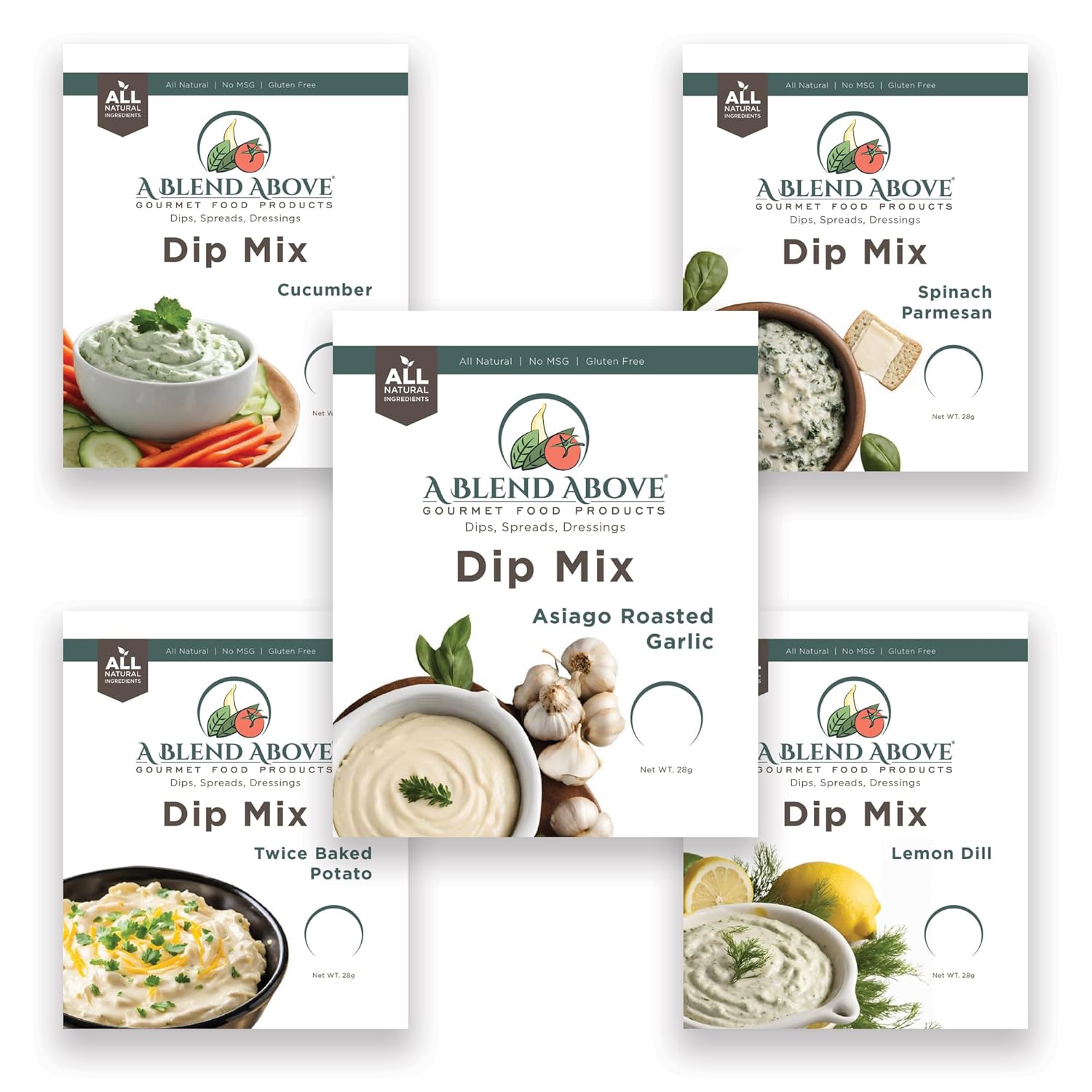 A Blend Above Dip Mix - Cucumber, Lemon Dill, Asiago Roasted Garlic, Spinach Parmesan, and Twice Baked Potato Flavors - 5 Pack