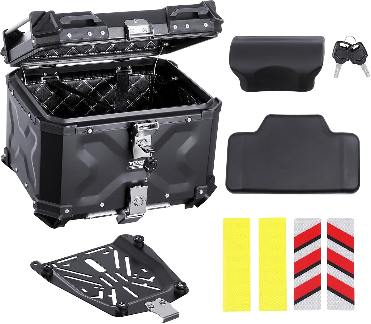 Baúl superior para motocicleta, caja trasera universal de aleación de aluminio con forro de cuero, caja superior impermeable desmontable para motocicleta con cerradura y cojín trasero (65L-B)
